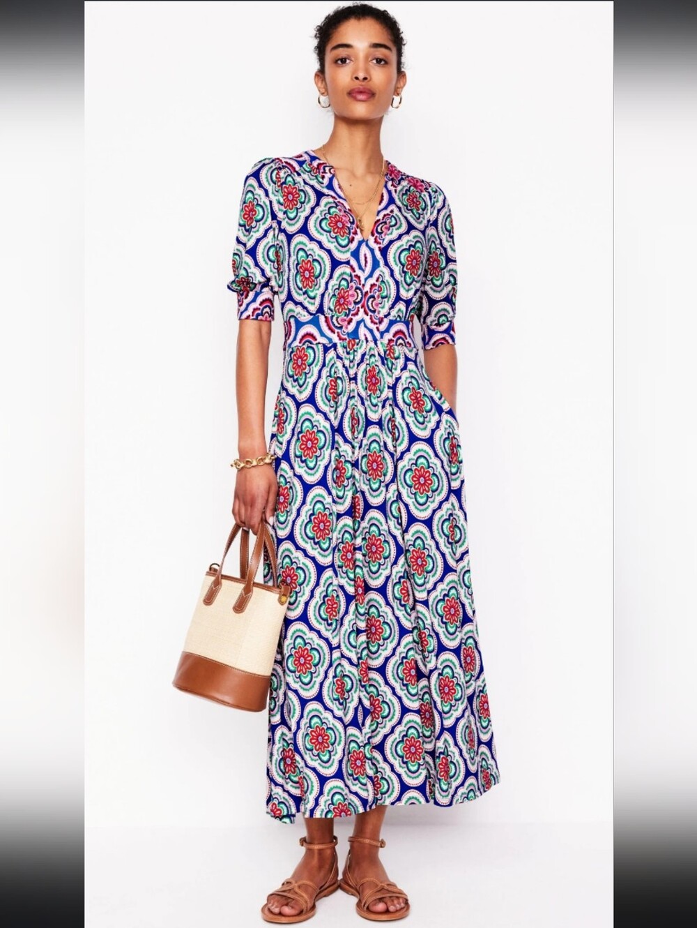 Boden Lily Jersey Midi Tea Dress Size 4 Bright Blue Botanic Blush